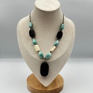 Chunky Black Turquoise Ivory Bead Boho Statement Necklace Adjustable Cord